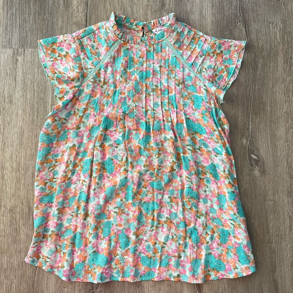 Nanette Lepore Size S Women Ruffle Sleeve Tank Top Teal Flower Flutter Blouse